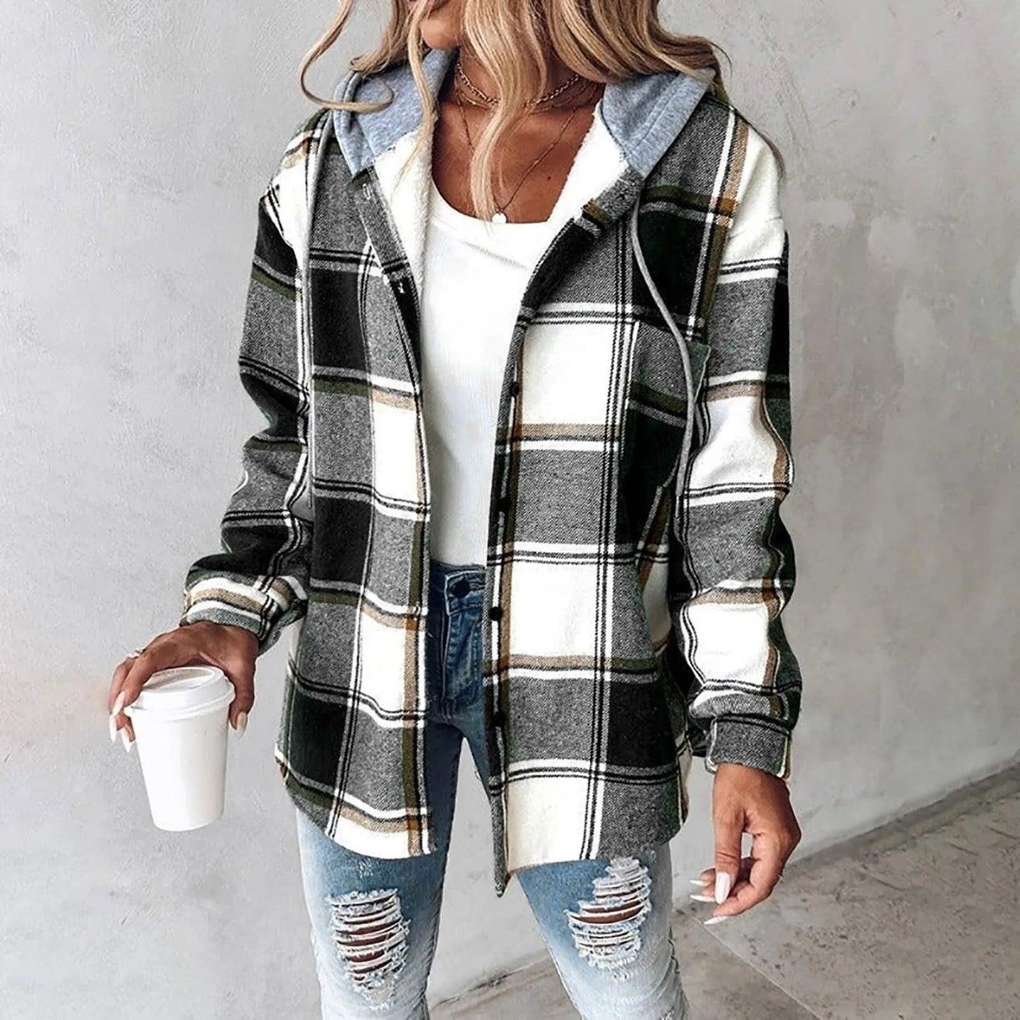 Women's Button-Up Jacket with Plaid Design