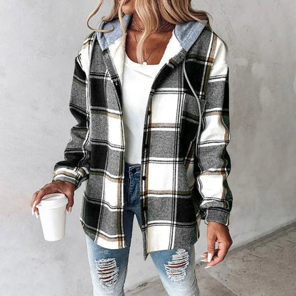 Women's Button-Up Jacket with Plaid Design