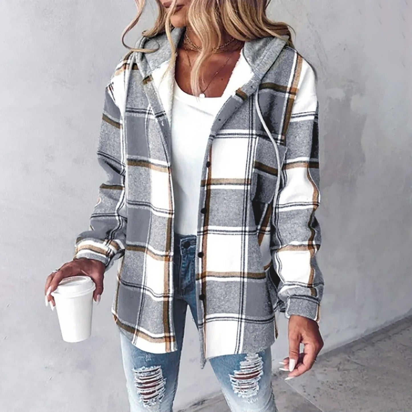 Women's Button-Up Jacket with Plaid Design