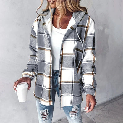 Women's Button-Up Jacket with Plaid Design