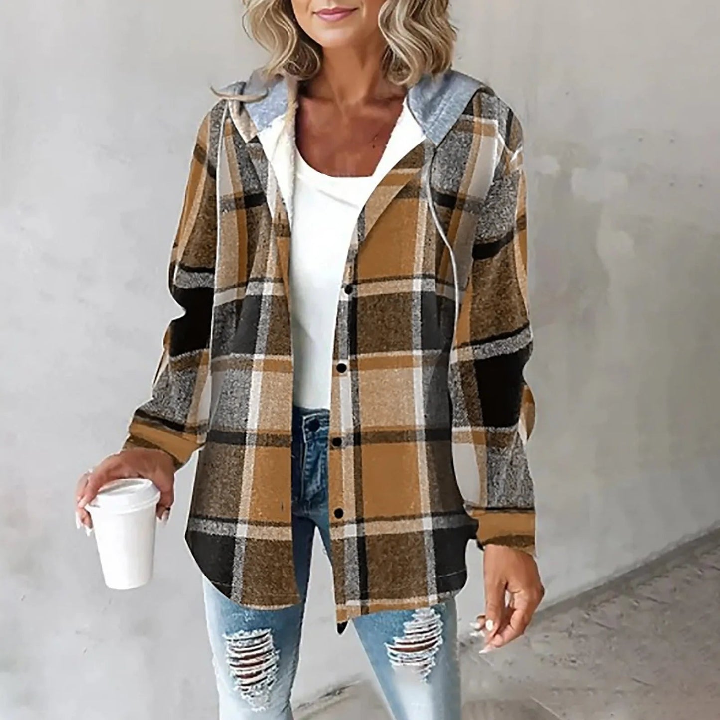 Women's Button-Up Jacket with Plaid Design