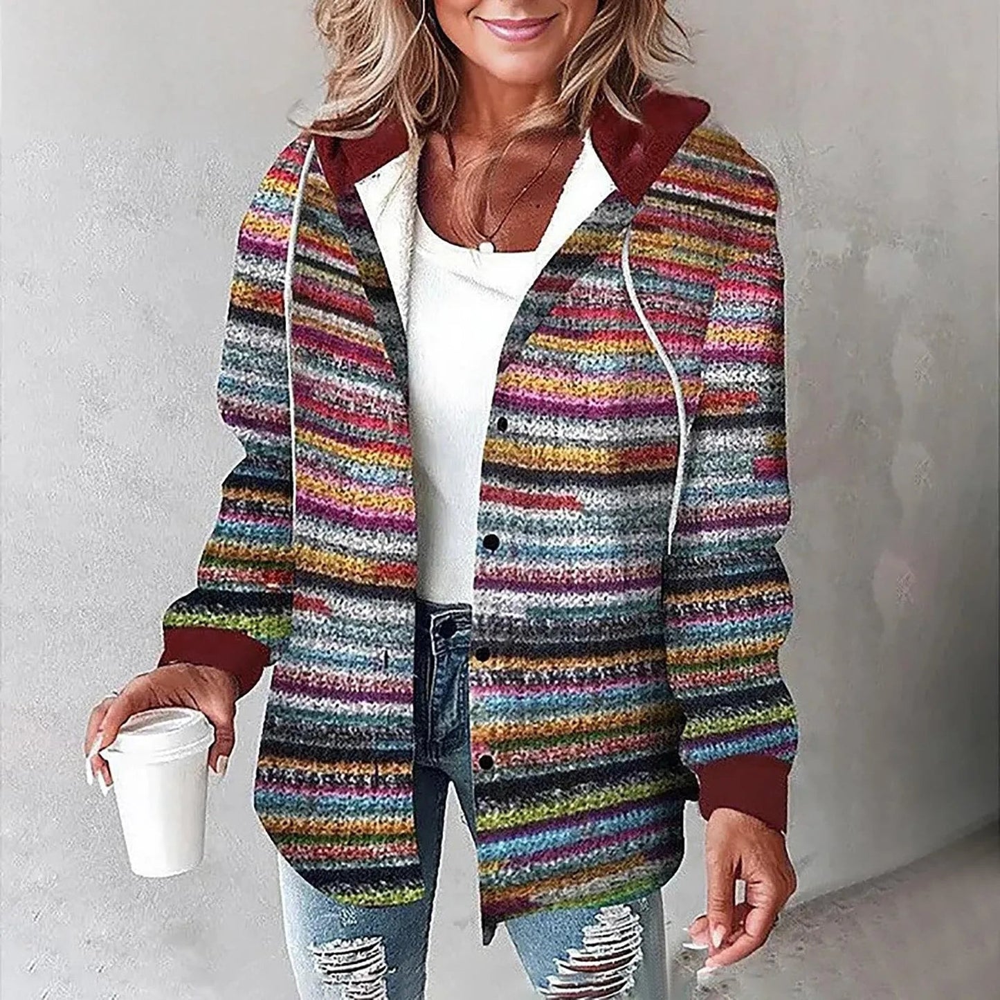 Women's Button-Up Jacket with Plaid Design
