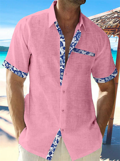 Men's Casual Button-Up Shirt with Floral Trim