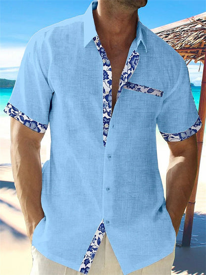 Men's Casual Button-Up Shirt with Floral Trim