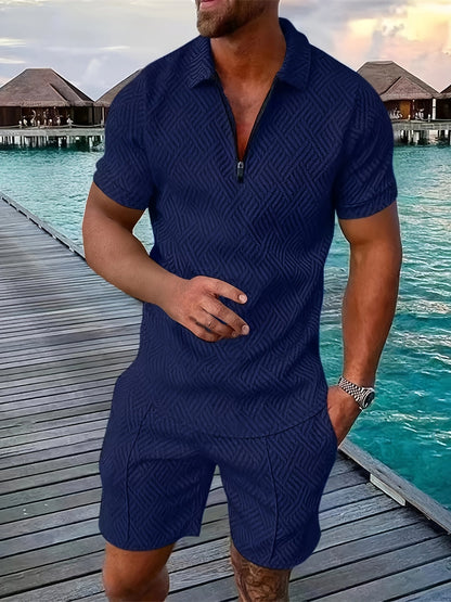 Men's Geometric Zip-Up Short Set
