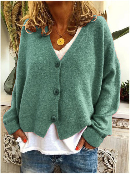 Women's Cozy Short Woolen V-neck Cardigan with Button | Ideal for Winter