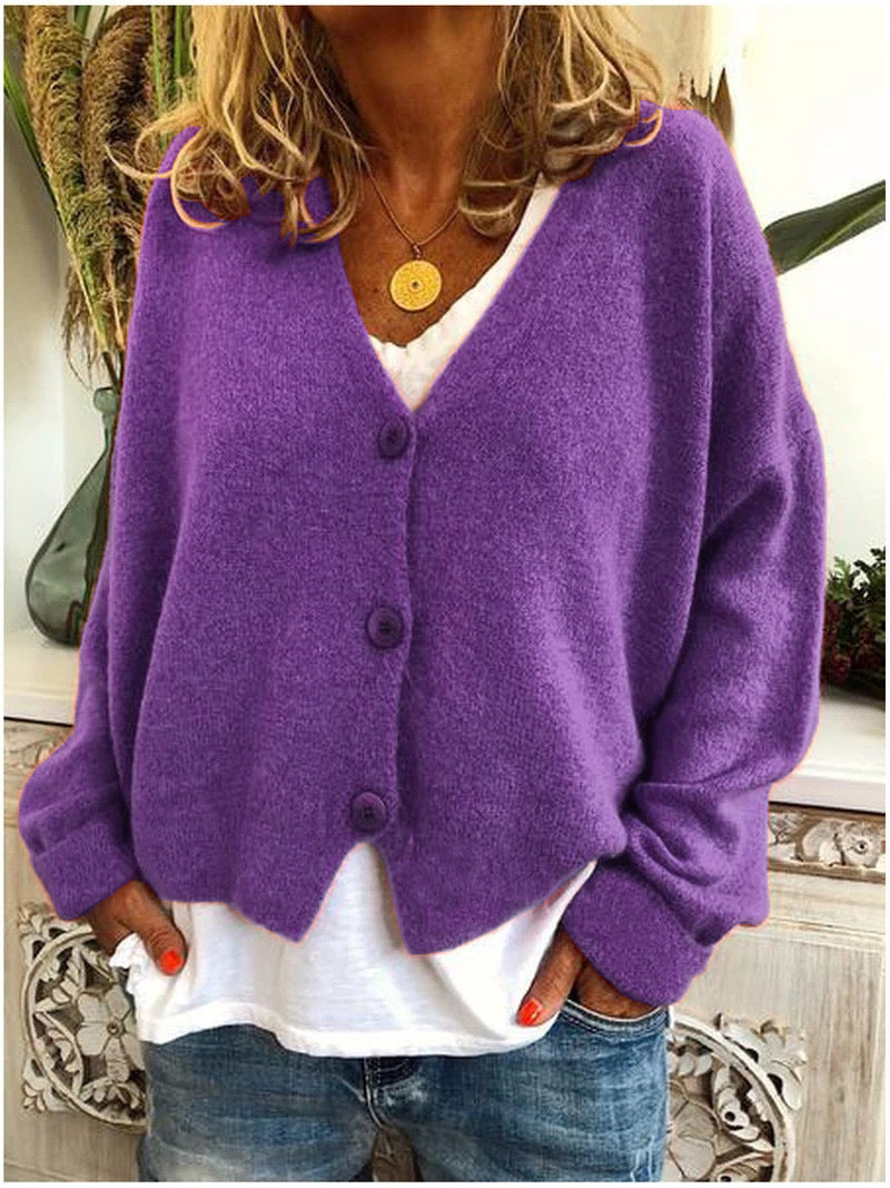 Women's Cozy Short Woolen V-neck Cardigan with Button | Ideal for Winter