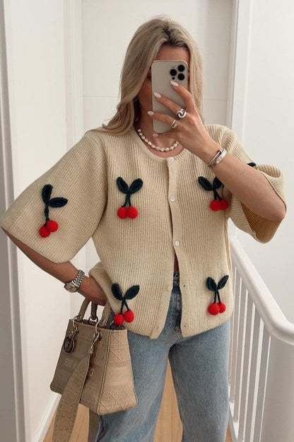Women's Cozy Knit Cardigan with Embroidered Cherry Details