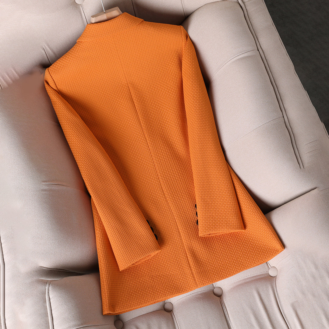 Women's Chic Orange Buttoned Pocket Blazer with Textured Fabric | Perfect for Casual Days