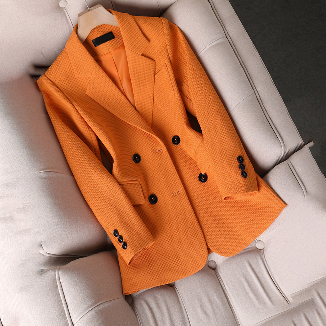 Women's Chic Orange Buttoned Pocket Blazer with Textured Fabric | Perfect for Casual Days