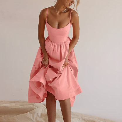 Women's Elegant Fabric Puff Dress with Spaghetti Straps for Summer Occasions