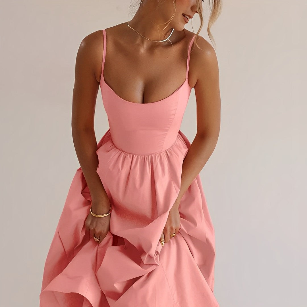 Women's Elegant Fabric Puff Dress with Spaghetti Straps for Summer Occasions