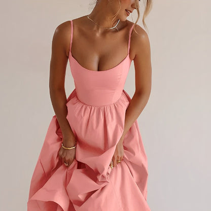 Women's Elegant Fabric Puff Dress with Spaghetti Straps for Summer Occasions