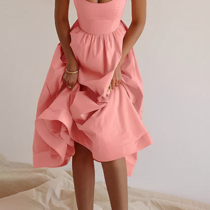 Women's Elegant Fabric Puff Dress with Spaghetti Straps for Summer Occasions