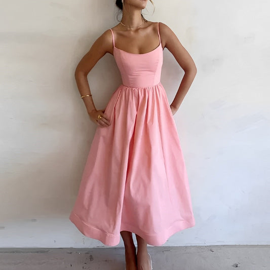 Women's Elegant Fabric Puff Dress with Spaghetti Straps for Summer Occasions