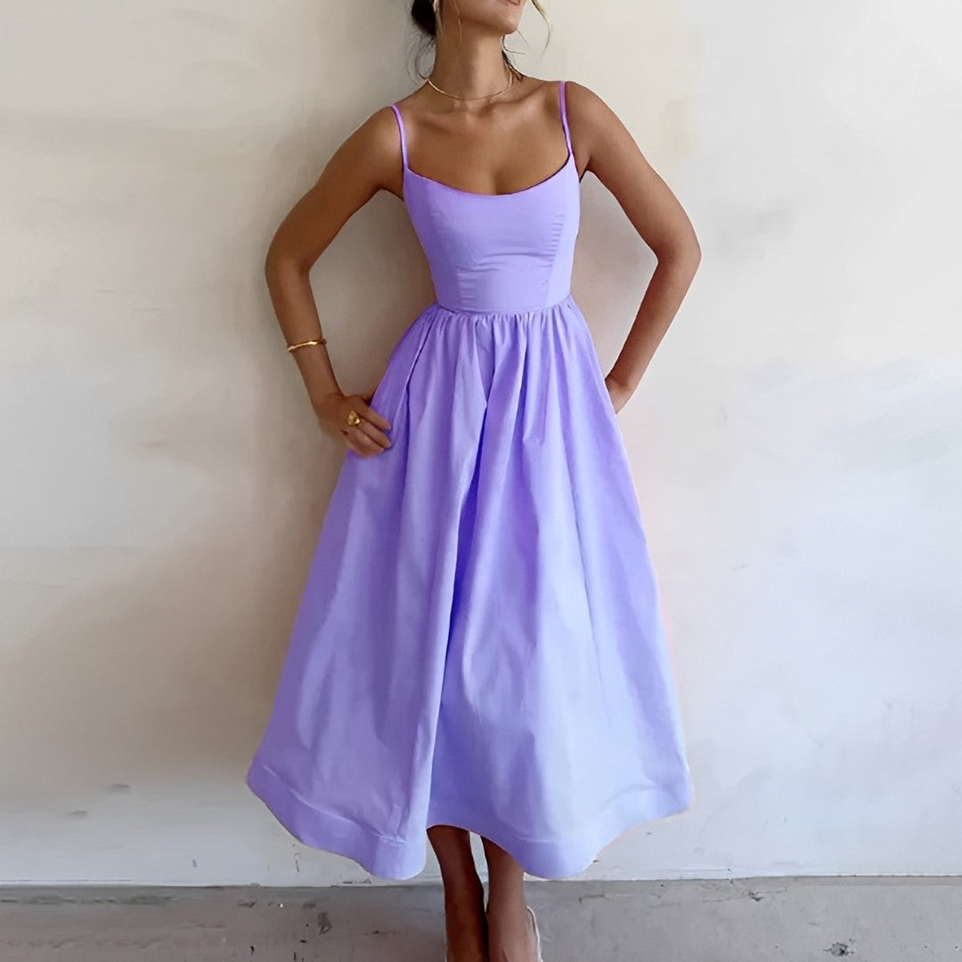 Women's Elegant Fabric Puff Dress with Spaghetti Straps for Summer Occasions