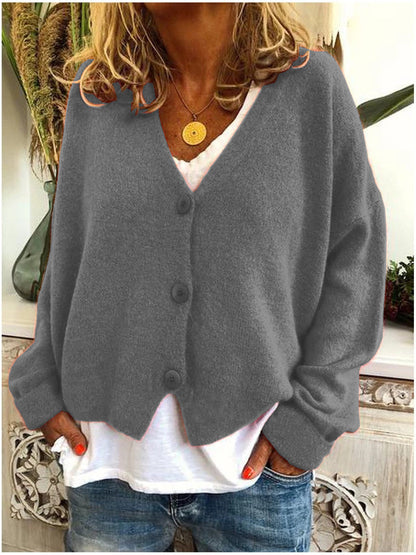Women's Cozy Short Woolen V-neck Cardigan with Button | Ideal for Winter