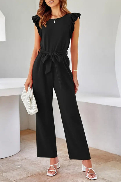 Women's Elegant Black Ruffled Sleeve Jumpsuit with Belt | Ideal for Summer