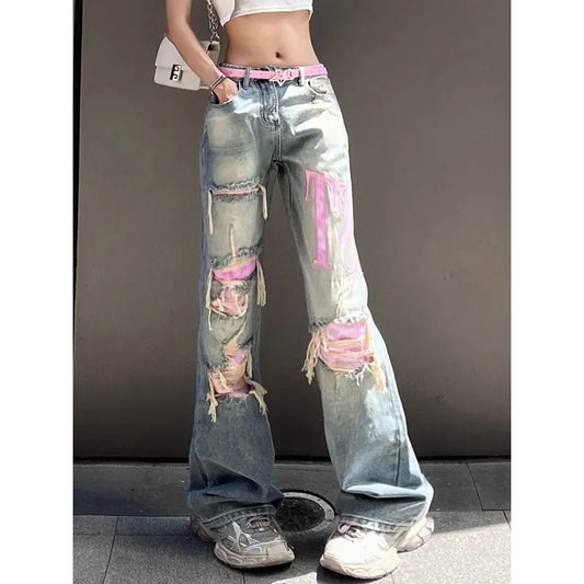 Women's Retro Wide-Leg Blue Ripped Jeans | Perfect for Casual Days