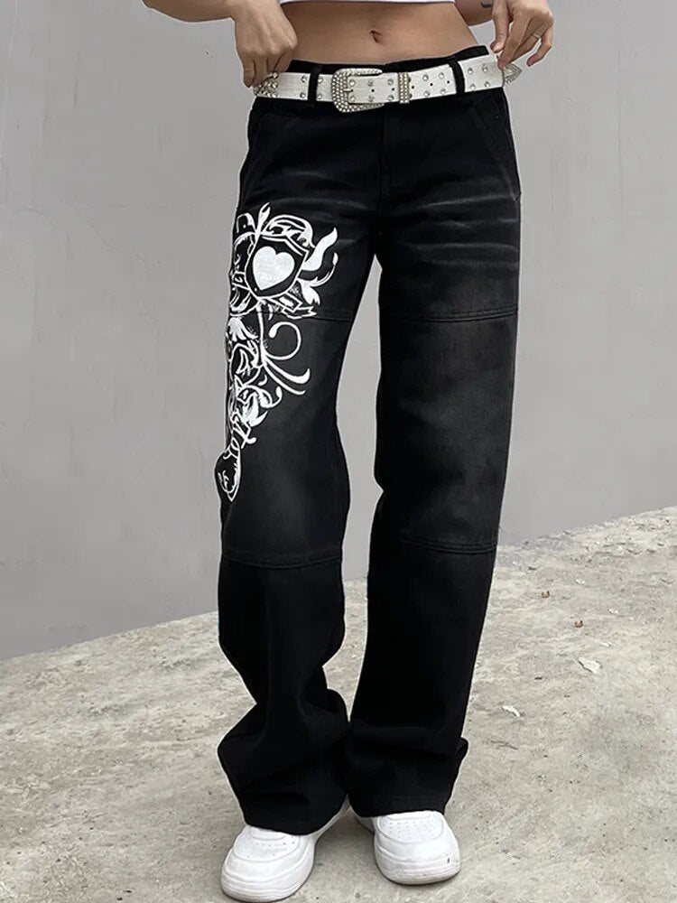 Women's Vintage Low-Waist Printed Baggy Jeans | Perfect for Casual Days