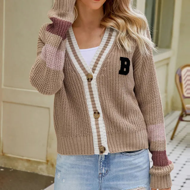 Women's Cozy V-neck Knitted Cardigan with Striped Design and B Print | Ideal for Winter