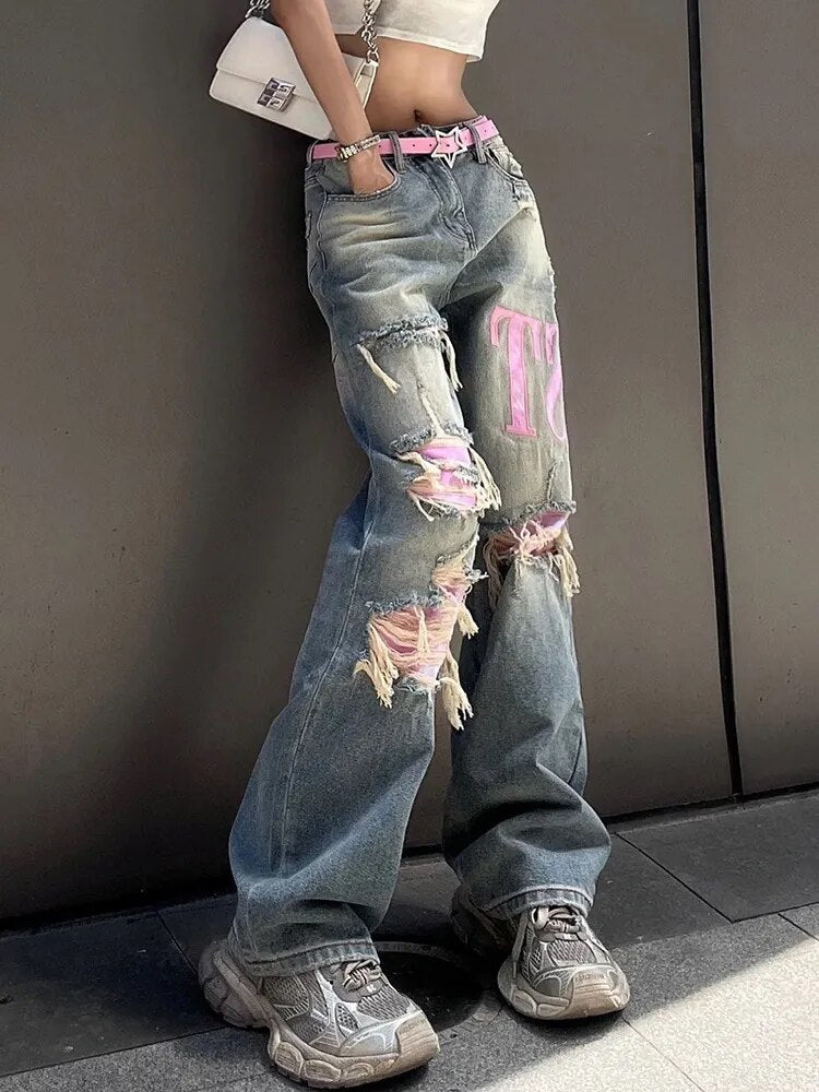 Women's Retro Wide-Leg Blue Ripped Jeans | Perfect for Casual Days