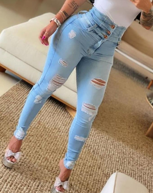 Women's Skinny High-Waist Ripped Jeans with Buttons | Perfect for Casual Days
