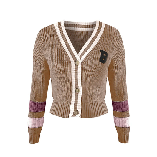 Women's Cozy V-neck Knitted Cardigan with Striped Design and B Print | Ideal for Winter