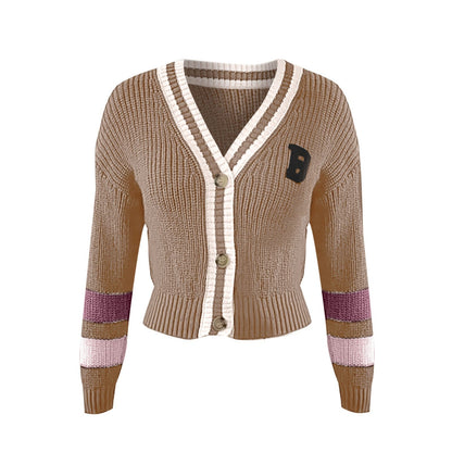 Women's Cozy V-neck Knitted Cardigan with Striped Design and B Print | Ideal for Winter