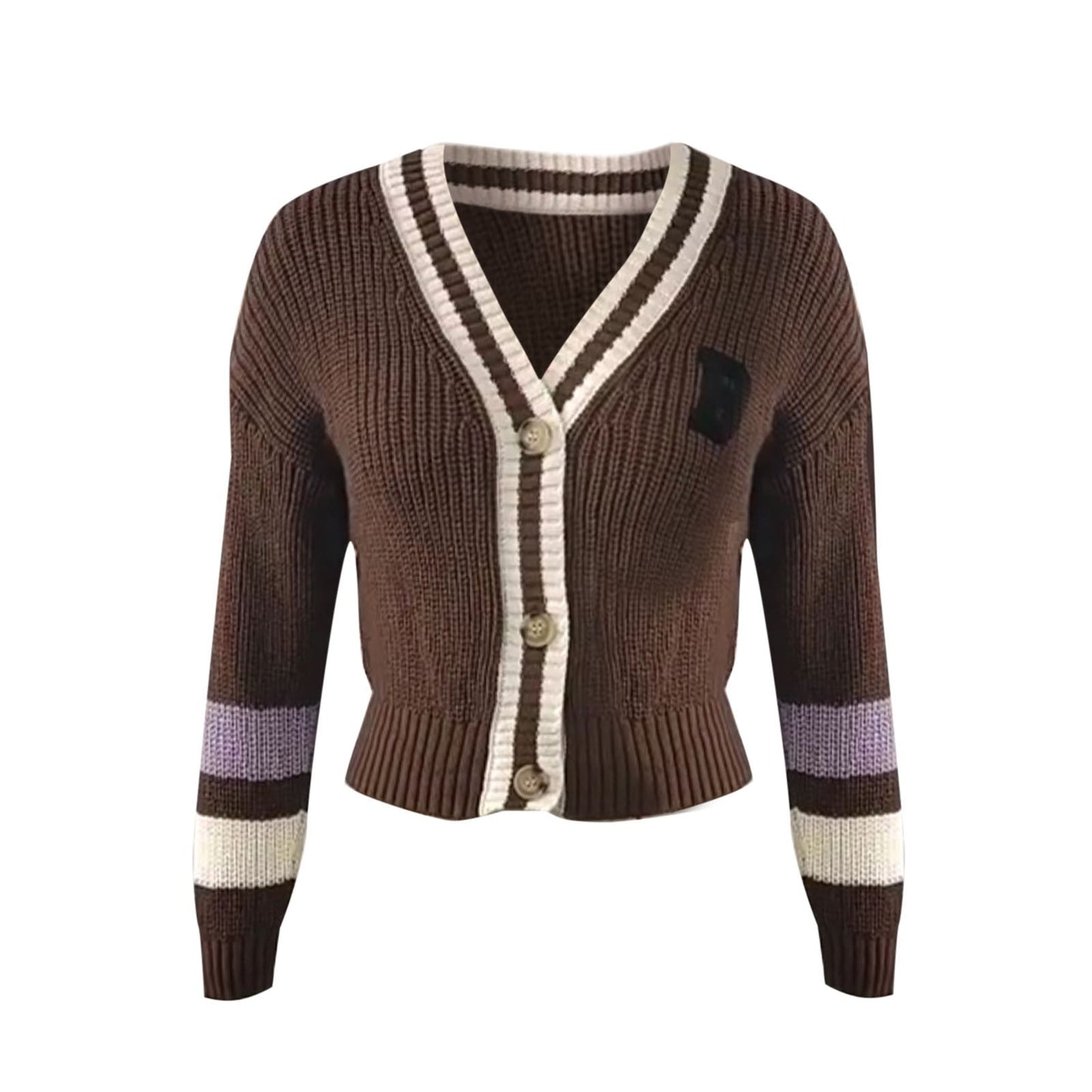 Women's Cozy V-neck Knitted Cardigan with Striped Design and B Print | Ideal for Winter