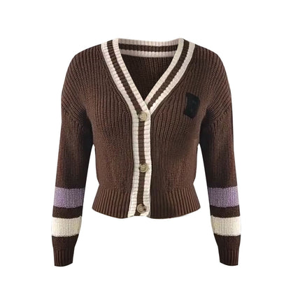 Women's Cozy V-neck Knitted Cardigan with Striped Design and B Print | Ideal for Winter