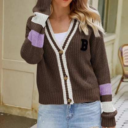 Women's Cozy V-neck Knitted Cardigan with Striped Design and B Print | Ideal for Winter