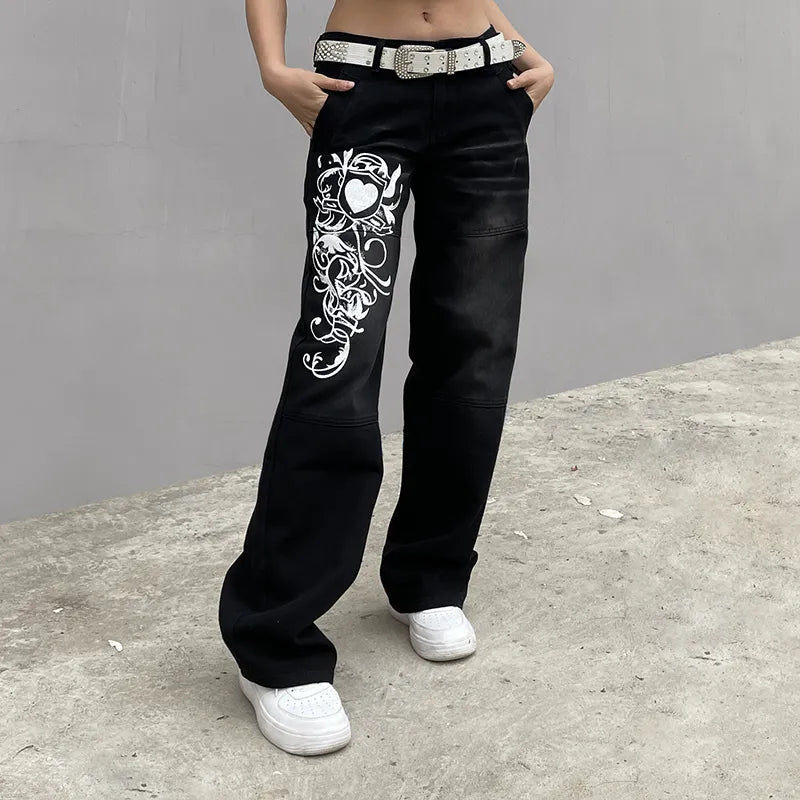 Women's Vintage Low-Waist Printed Baggy Jeans | Perfect for Casual Days