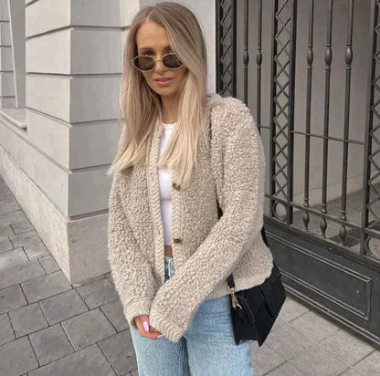 Women's Teddy Cashmere Knit Cardigan with Buttons in Solid Colour | Ideal for Winter