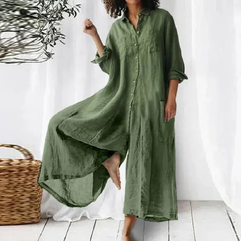 Women's Elegant Linen Maxi Dress with Button-Down Front