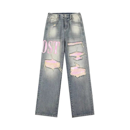 Women's Retro Wide-Leg Blue Ripped Jeans | Perfect for Casual Days