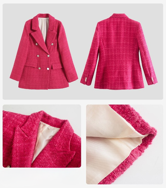 Women's Trendy Mid-Length Pink Tweed Blazer with Pockets | Perfect for Casual Days