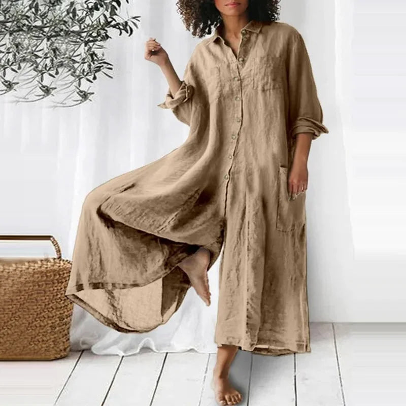 Women's Elegant Linen Maxi Dress with Button-Down Front