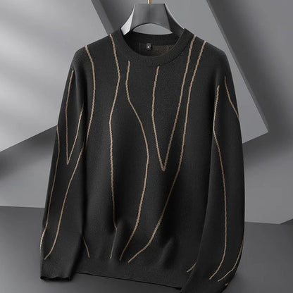 Men's Casual Black Round Neck Cashmere Jumper with Unique Design |  Ideal for Winter