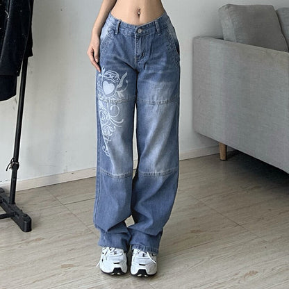 Women's Vintage Low-Waist Printed Baggy Jeans | Perfect for Casual Days