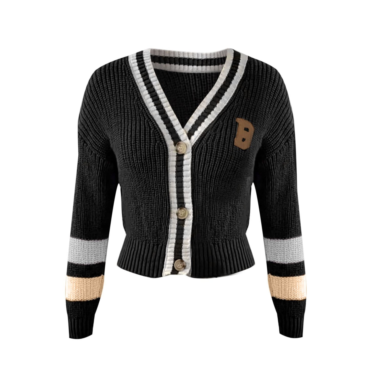 Women's Cozy V-neck Knitted Cardigan with Striped Design and B Print | Ideal for Winter