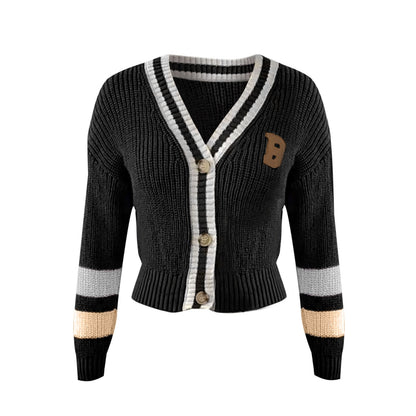 Women's Cozy V-neck Knitted Cardigan with Striped Design and B Print | Ideal for Winter