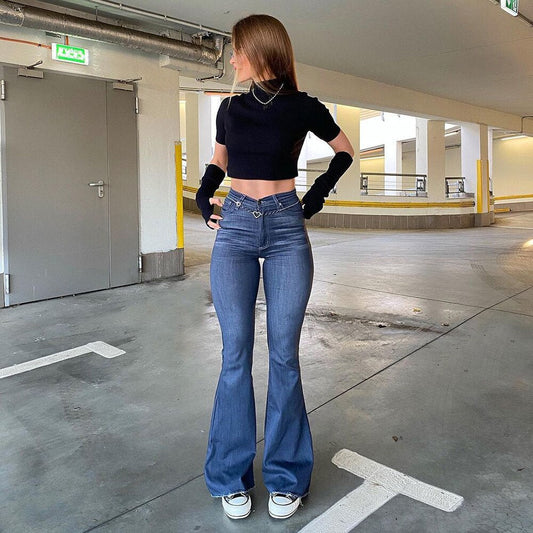 Women's Elegant High-Waist Blue Flare Jeans | Perfect for Casual Days