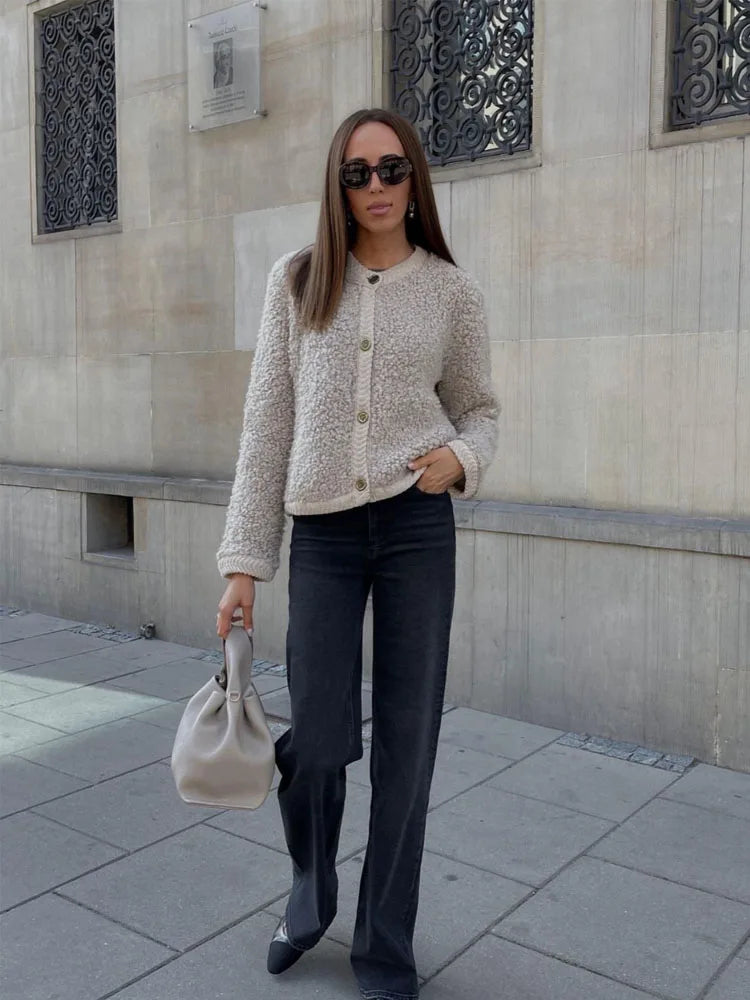 Women's Teddy Cashmere Knit Cardigan with Buttons in Solid Colour | Ideal for Winter