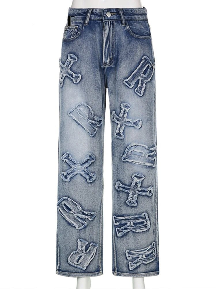 Women's Punky Patchwork Letter Baggy Jeans | Perfect for Casual Days