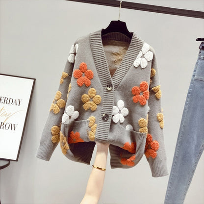 Women's Radiant Floral Design Cashmere Knit Cardigan with Buttons and Pockets | Ideal for Winter
