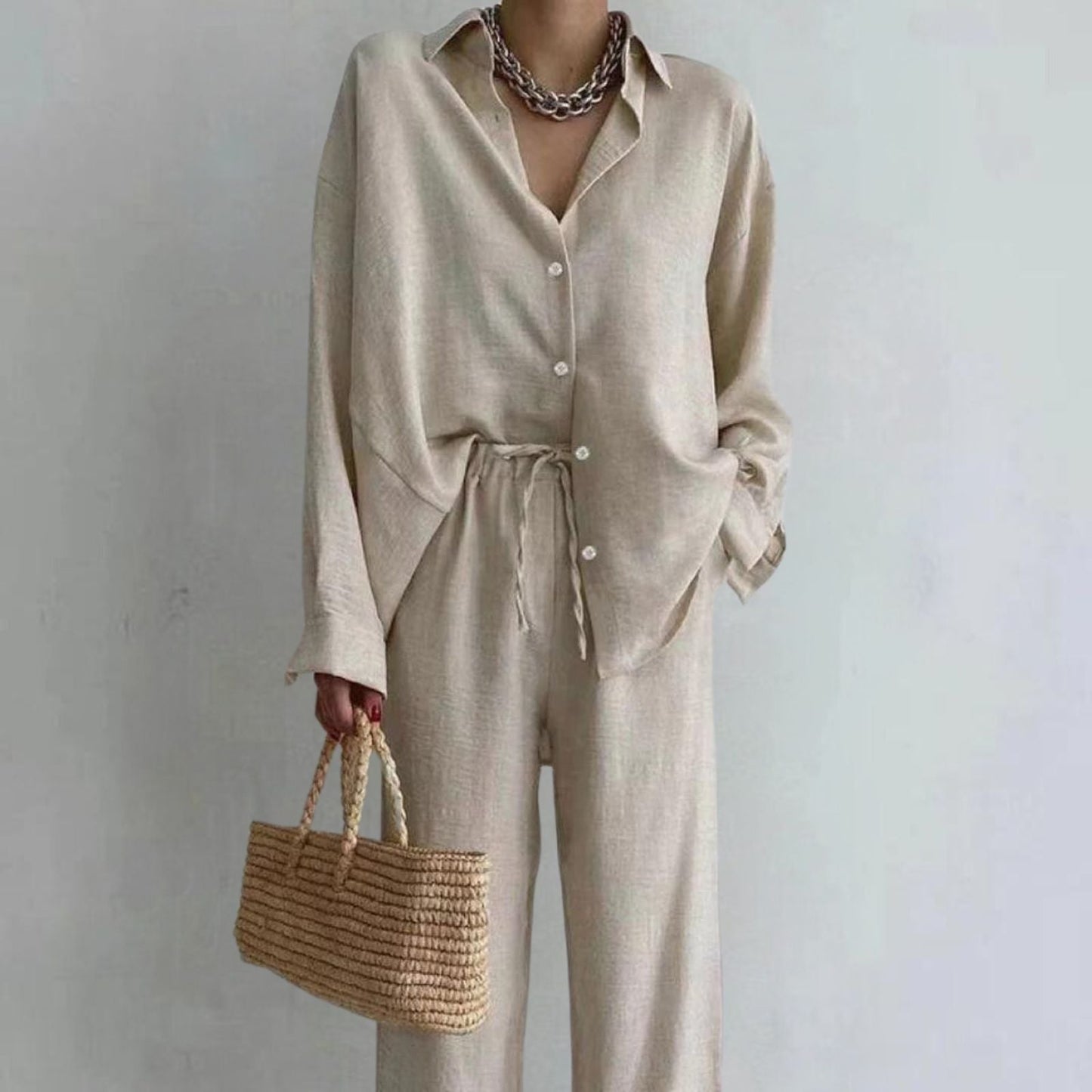Women's Elegant Linen Shirt Trousers Set with Relaxed Fit