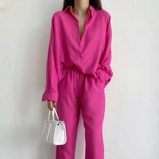 Women's Elegant Linen Shirt Trousers Set with Relaxed Fit
