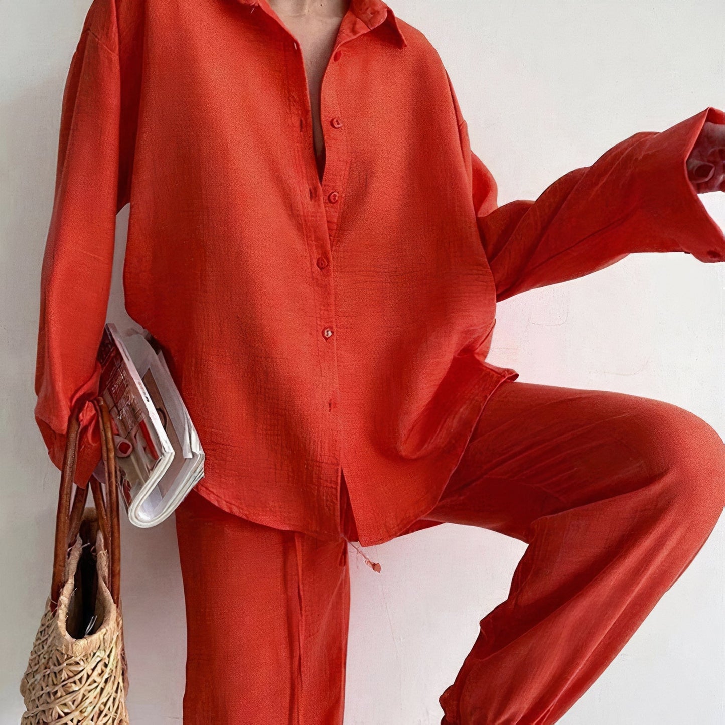Women's Elegant Linen Shirt Trousers Set with Relaxed Fit