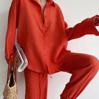 Women's Elegant Linen Shirt Trousers Set with Relaxed Fit